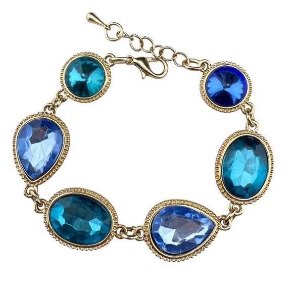 Gold-Tone Chain Bracelet With Blue & Turquoise Faceted Accents Adjustable Clasp - Picture 1 of 6